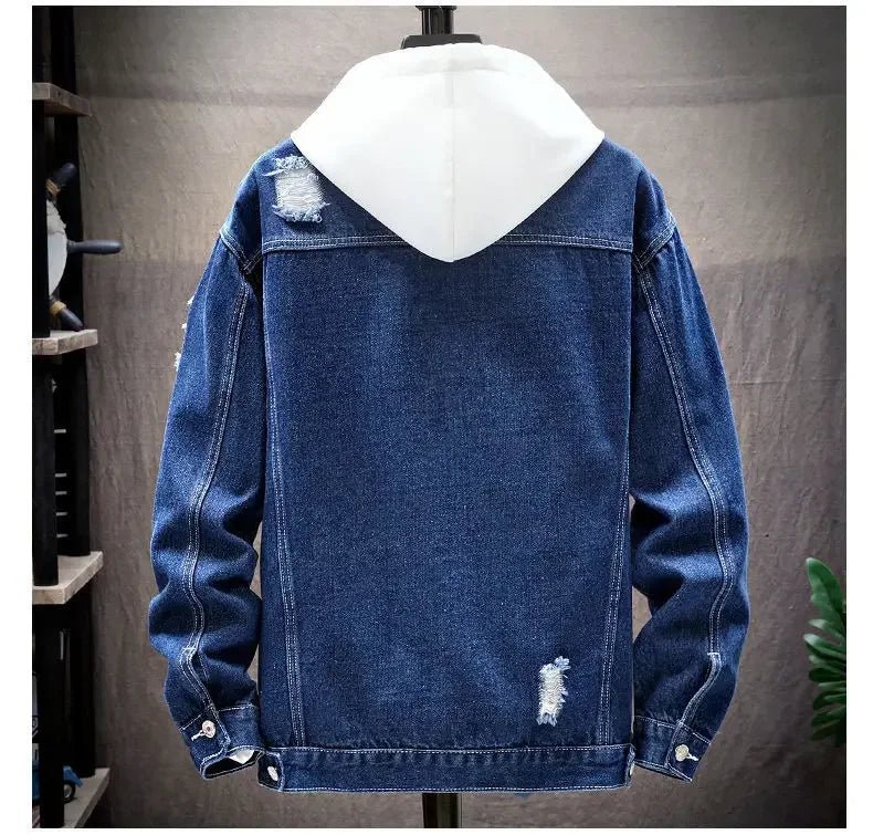 Men Denim Jacket 2025 Ripped Hole Single Breasted Coats Spliced Outerwear Jackets Pockets Casual Loose Washed Distressed - Clothesfassion.store