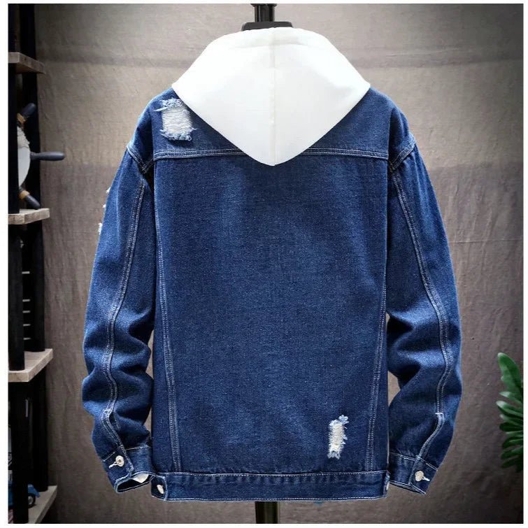 Men Denim Jacket 2025 Ripped Hole Single Breasted Coats Spliced Outerwear Jackets Pockets Casual Loose Washed Distressed - Clothesfassion.store