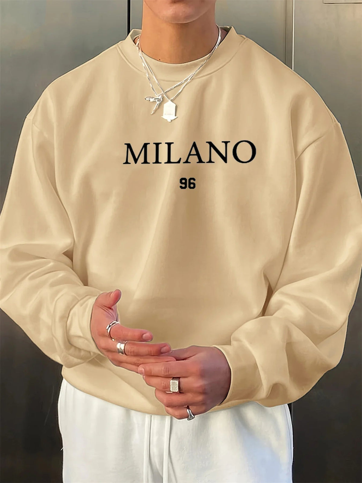 Men's autumn and winter velvet thickened warm and fashionable casual loose MILANO 96 printed round neck long sleeved pullover - Clothesfassion.store