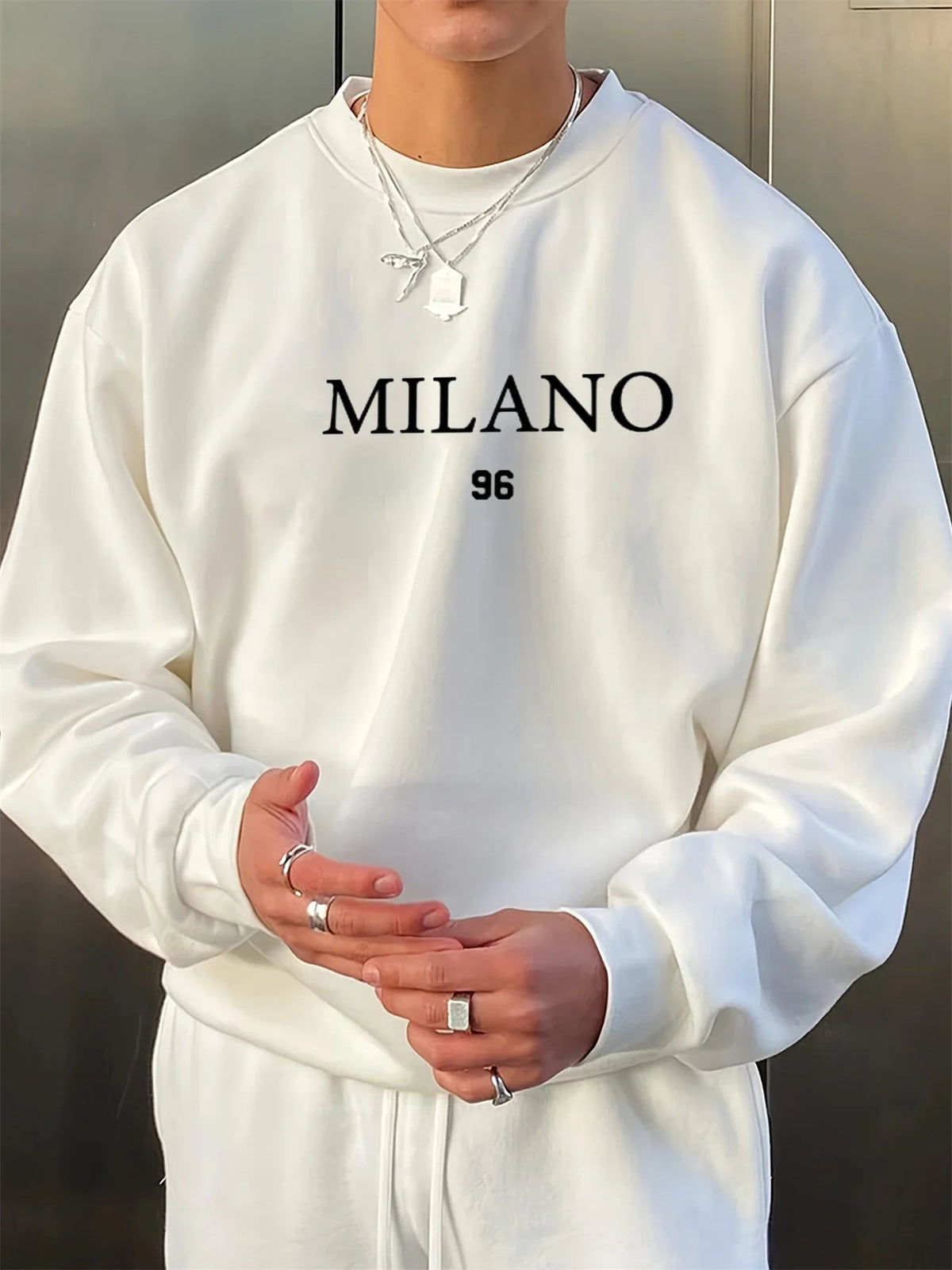 Men's autumn and winter velvet thickened warm and fashionable casual loose MILANO 96 printed round neck long sleeved pullover - Clothesfassion.store