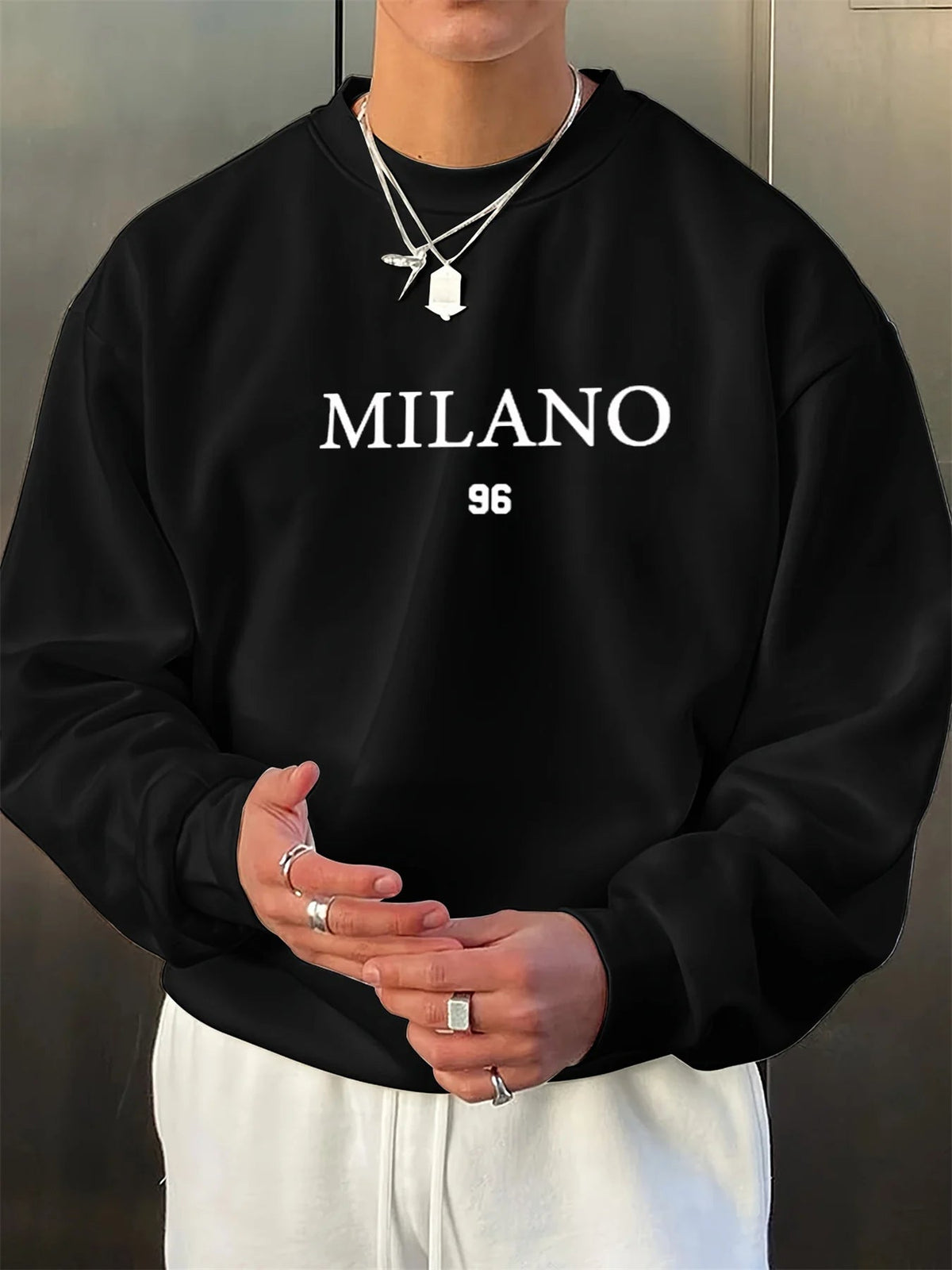 Men's autumn and winter velvet thickened warm and fashionable casual loose MILANO 96 printed round neck long sleeved pullover - Clothesfassion.store