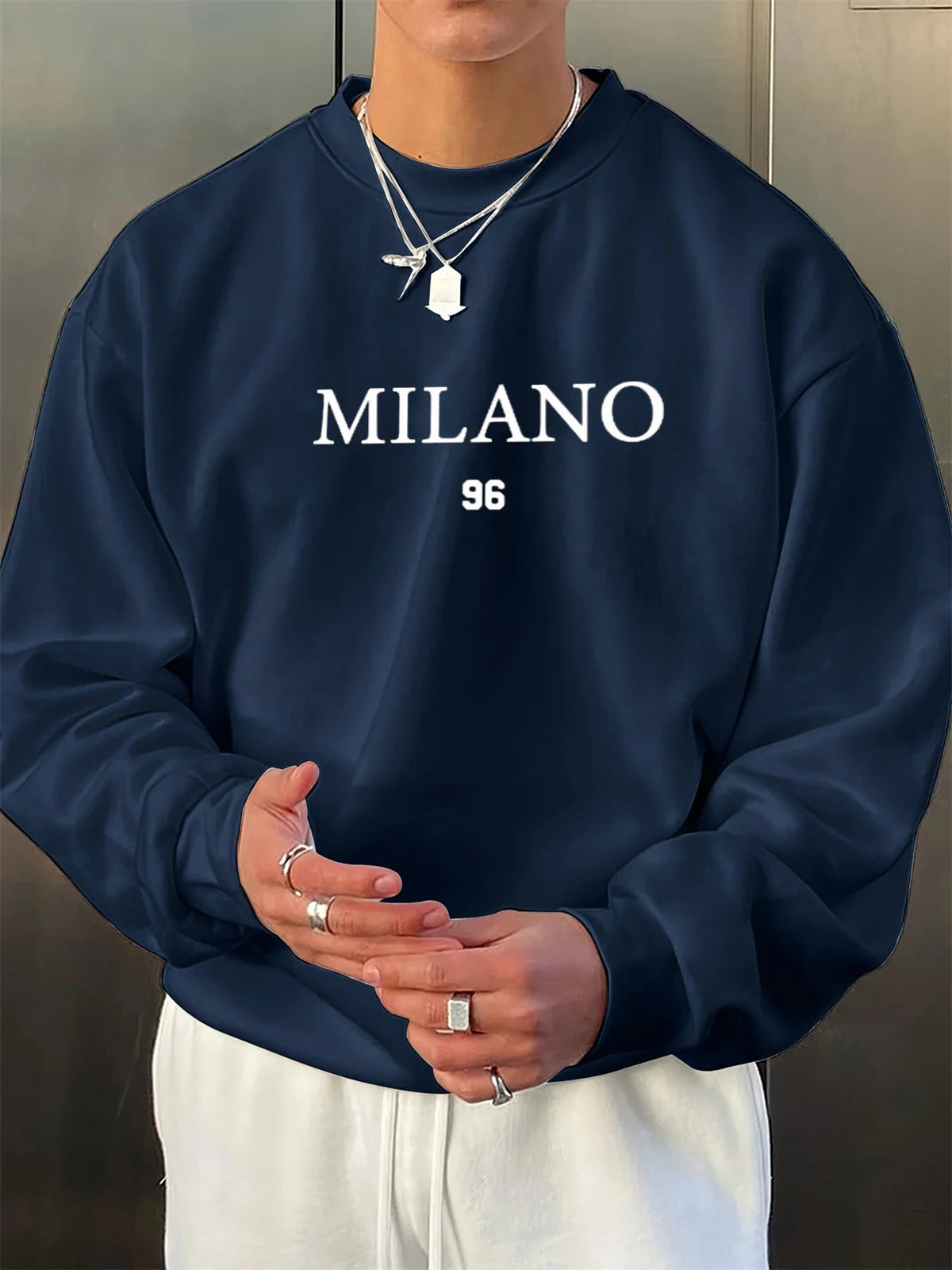 Men's autumn and winter velvet thickened warm and fashionable casual loose MILANO 96 printed round neck long sleeved pullover - Clothesfassion.store