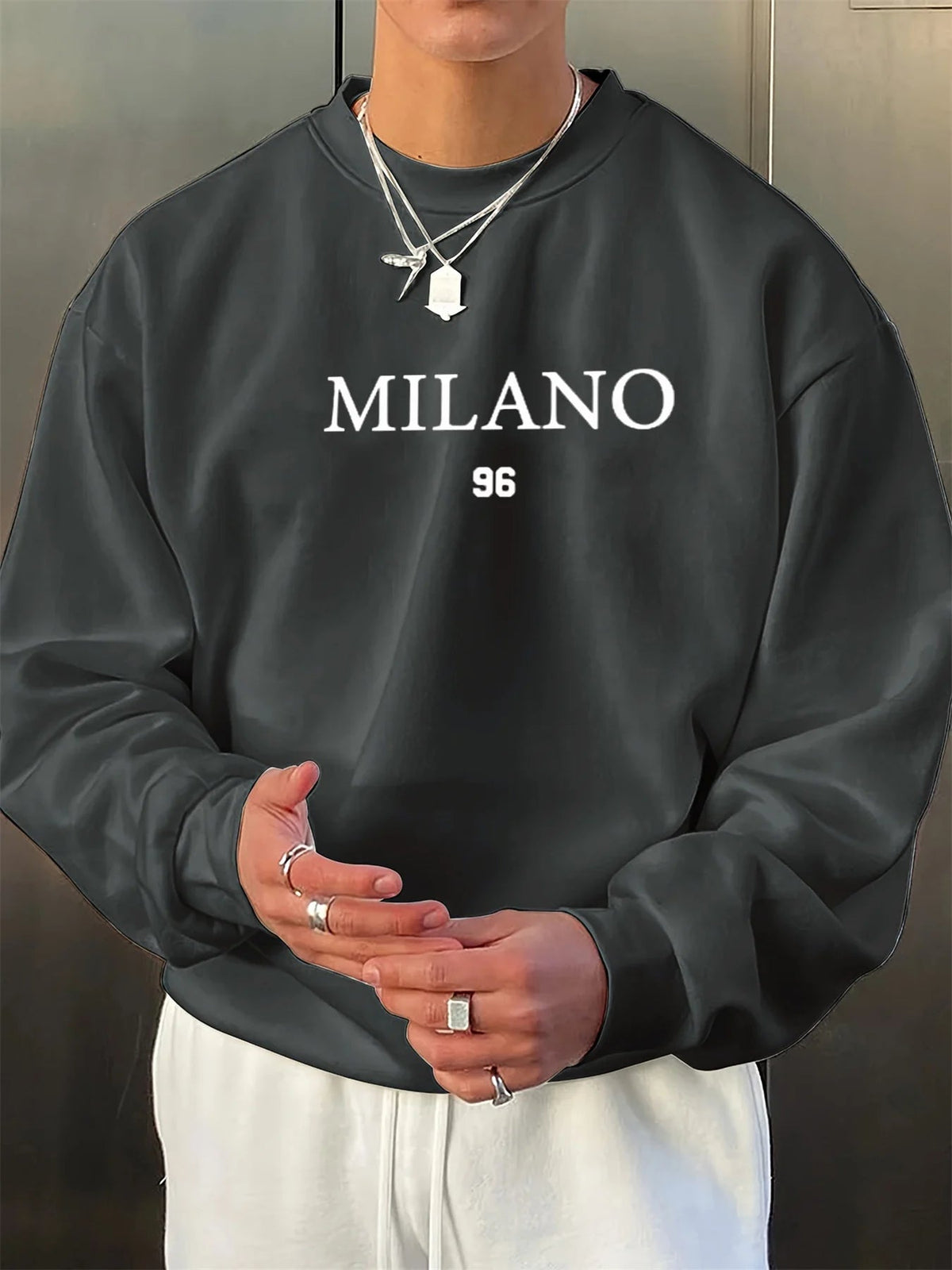 Men's autumn and winter velvet thickened warm and fashionable casual loose MILANO 96 printed round neck long sleeved pullover - Clothesfassion.store