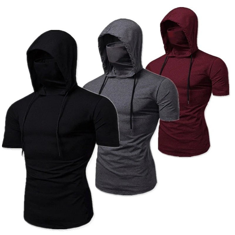 Mens Gym Thin Hoodie Short Sleeve Hoodies With Mask Sweatshirt Casual Splice Large Mask Hoodie Sweatshirt Hooded Tops Cycling - Clothesfassion.store