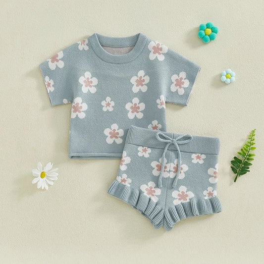MISOWMNJOY Knitted Baby Girls Sweater Suits 2Pcs Spring Fall Newborn Outfits Short Sleeve Floral Tops + Shorts Toddler Clothes - Clothesfassion.store