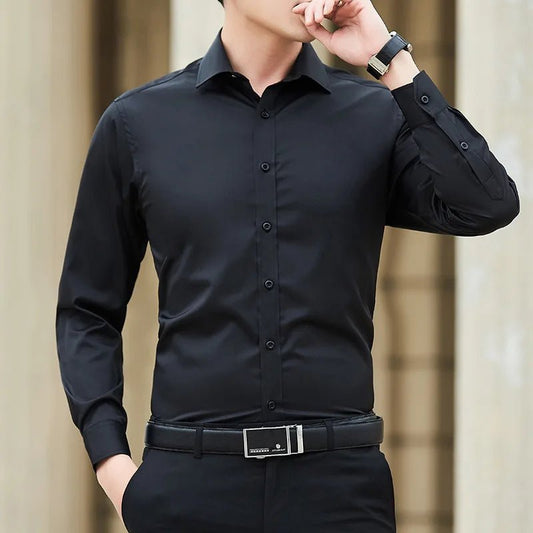 New Plus Size Men Solid Color Business Shirt Fashion Classic Basic Casual Slim White Long Sleeve Shirt Brand Clothes - Clothesfassion.store