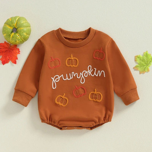 Newborn Infant Baby Girl Boy Pumpkin Letter Embroidered Long Sleeve Sweatshirt Romper Playsuit Jumpsuit Baby Halloween Clothes - Clothesfassion.store