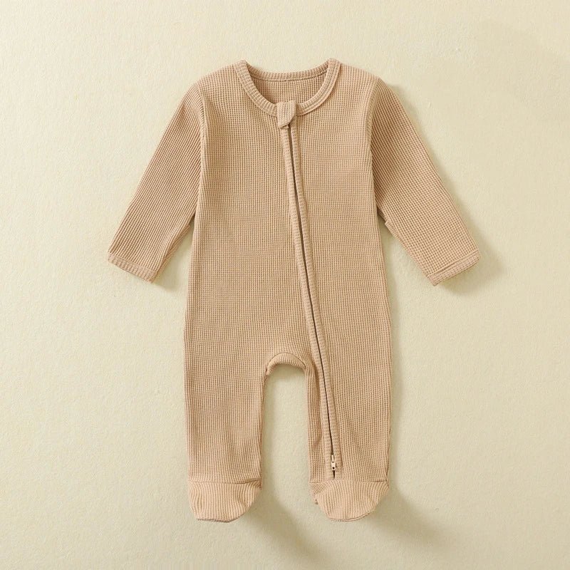Organic Cotton Baby Rompers Waffle 100% Cotton Infant Boys Girls Jumpsuit Zipper Footed Solid Long - Sleeve Pajamas Sleepsuits - Clothesfassion.store