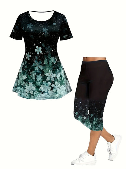 Plus Size Lady Suit Round Neck New Summer Casual Large Size Lucky Grass Print Short - Sleeved T-Shirt Pants Two - Piece Suit - Clothesfassion.store