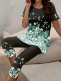 Plus Size Lady Suit Round Neck New Summer Casual Large Size Lucky Grass Print Short - Sleeved T-Shirt Pants Two - Piece Suit - Clothesfassion.store