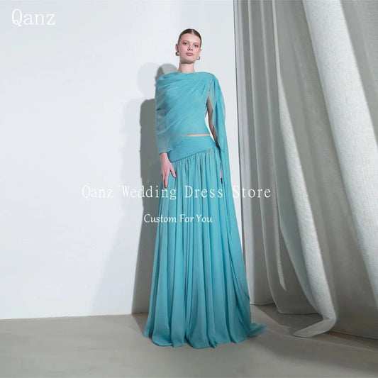Qanz Long A Line Evening Dress Turquoise Chiffon Two - piece Elegant Dresses For Woman Pleat Dubai Robes De Soirée Customized - Clothesfassion.store