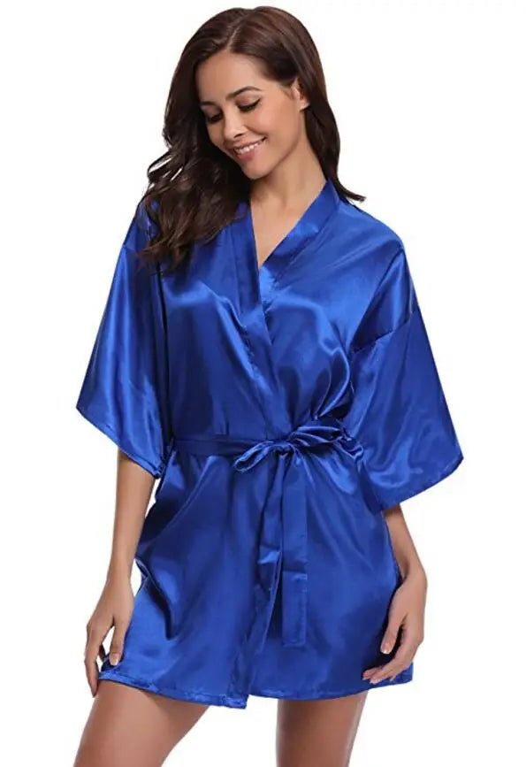 RB032 2018 New Silk Kimono Robe Bathrobe Women Silk Bridesmaid Robes Sexy Navy Blue Robes Satin Robe Ladies Dressing Gowns - Clothesfassion.store