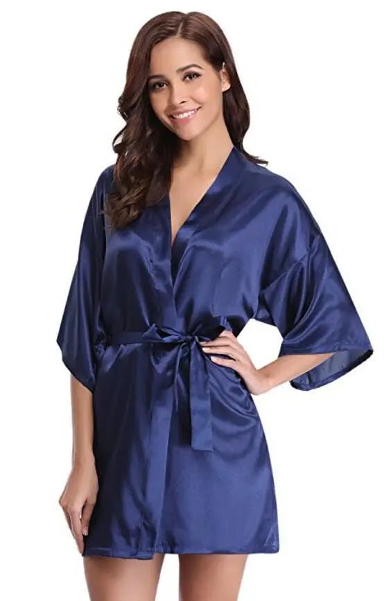 RB032 2018 New Silk Kimono Robe Bathrobe Women Silk Bridesmaid Robes Sexy Navy Blue Robes Satin Robe Ladies Dressing Gowns - Clothesfassion.store