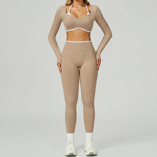 Seamless Yoga Set 2PCS Workout Outfits Sportswear Gym Tracksuit Fitness Leggings Sports Bra Athletic Wear Women Long Sleeves - Clothesfassion.store