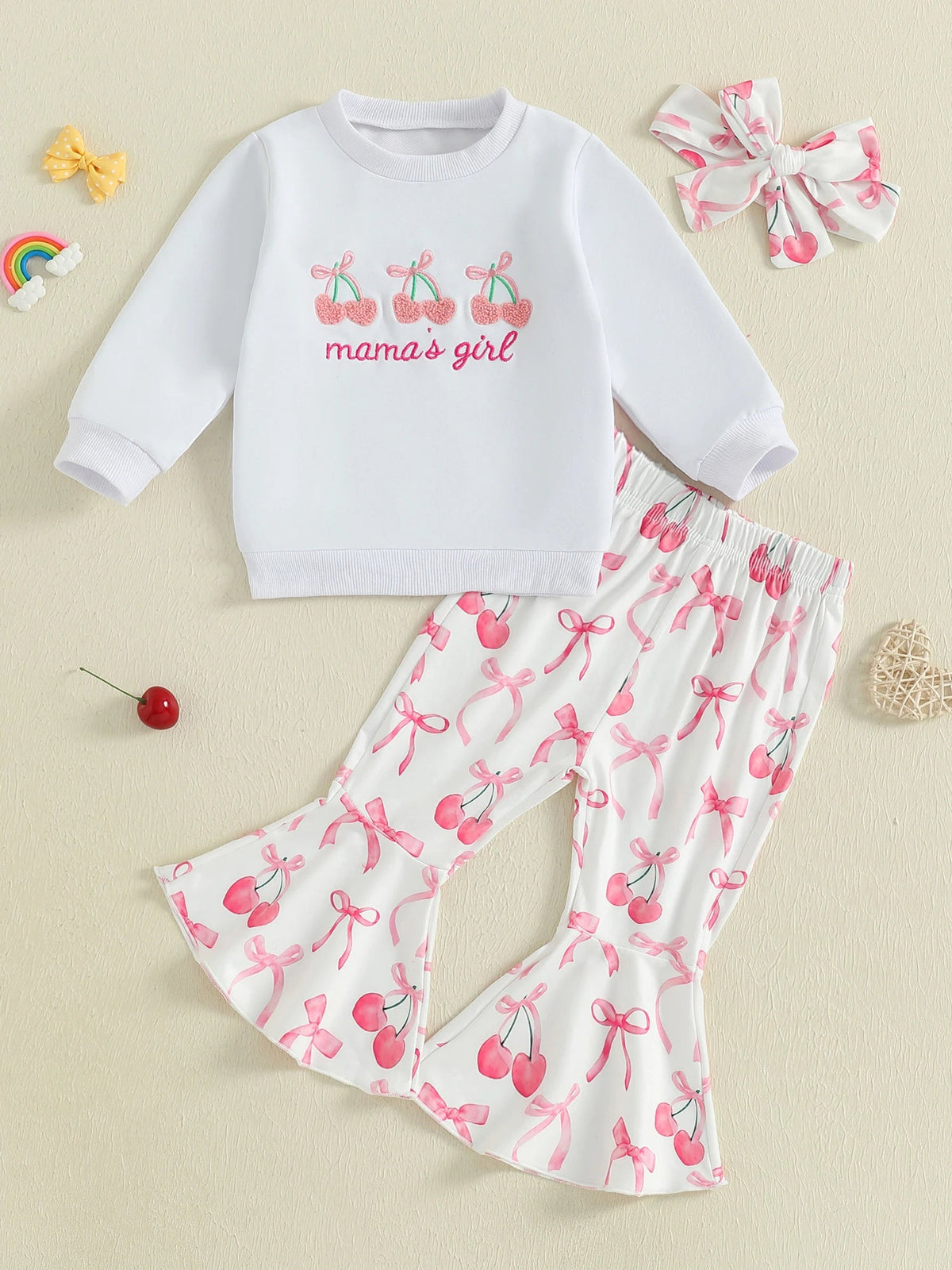 Toddler Girls Adorable Clothing Set with Cherry Embroidery Sweatshirt Bow Print Flared Pants and Matching Headband - 3 Piece - Clothesfassion.store