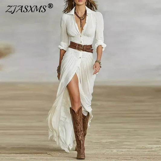 Woman Dresses 2026 New French Retro V Neck Belted Slim Pleated Long Dress Autumn Single Breasted Long Sleeve Slit Bohemian Dress - Clothesfassion.store