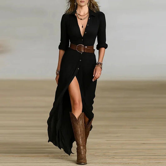 Woman Dresses 2026 New French Retro V Neck Belted Slim Pleated Long Dress Autumn Single Breasted Long Sleeve Slit Bohemian Dress - Clothesfassion.store