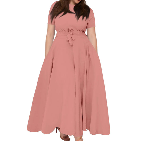 Women's Large Size Dresses Casual Fashion Elegant Matching Dress Simple Solid Round Neck Short Sleeve Pocket Big Swing Dress 6XL - Clothesfassion.store
