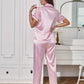 Women's Stripe Print Satin Casual Pajama Set Short Sleeve Buttons Lapel Top & Pants Comfortable Relaxed Fit Summer Nightwear - Clothesfassion.store