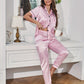 Women's Stripe Print Satin Casual Pajama Set Short Sleeve Buttons Lapel Top & Pants Comfortable Relaxed Fit Summer Nightwear - Clothesfassion.store