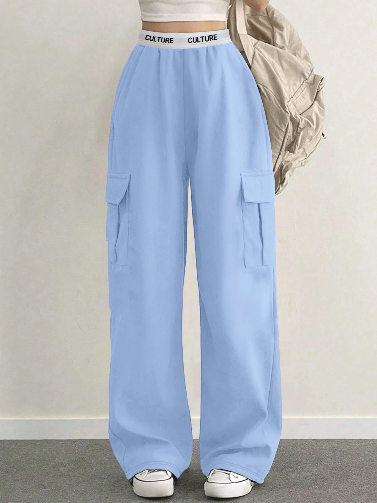 Y2K Style Wide Leg Cargo Pants for Women Lightweight Fabric Multi - Pocket Design Elastic Waist Casual Daily Trousers - Clothesfassion.store