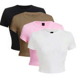 Y2K Woman Solid Cotton Crop Tops Short Sleeve High Elastic T-Shirt Soft O - Neck Sporty Tees Summer Street Fashion Female Clothes - Clothesfassion.store