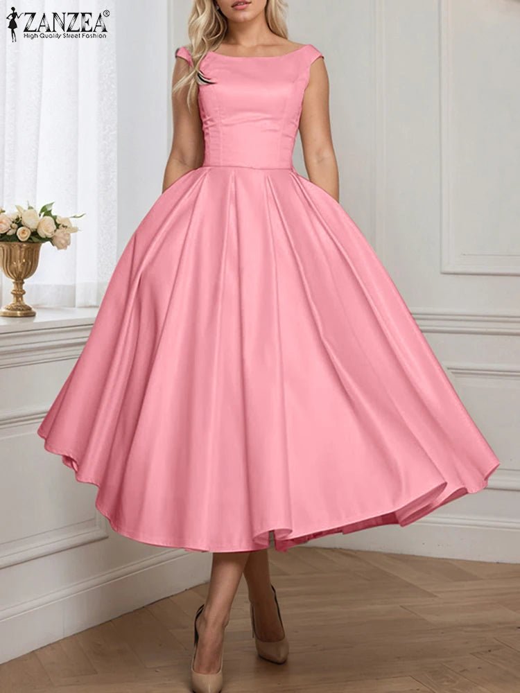 ZANZEA Woman Fashion Fitted Waist Cocktail Party Dresses Sleeveless Inverted Pleats Boatneck Elegant Satin A - line Robes Femme - Clothesfassion.store