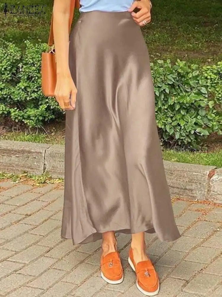 ZANZEA Woman Spring Autumn Satin Silk Skirt Work OL Back Zipper Faldas Saia Jupe Elegant Casual Party Solid Sundress 2023 - Clothesfassion.store