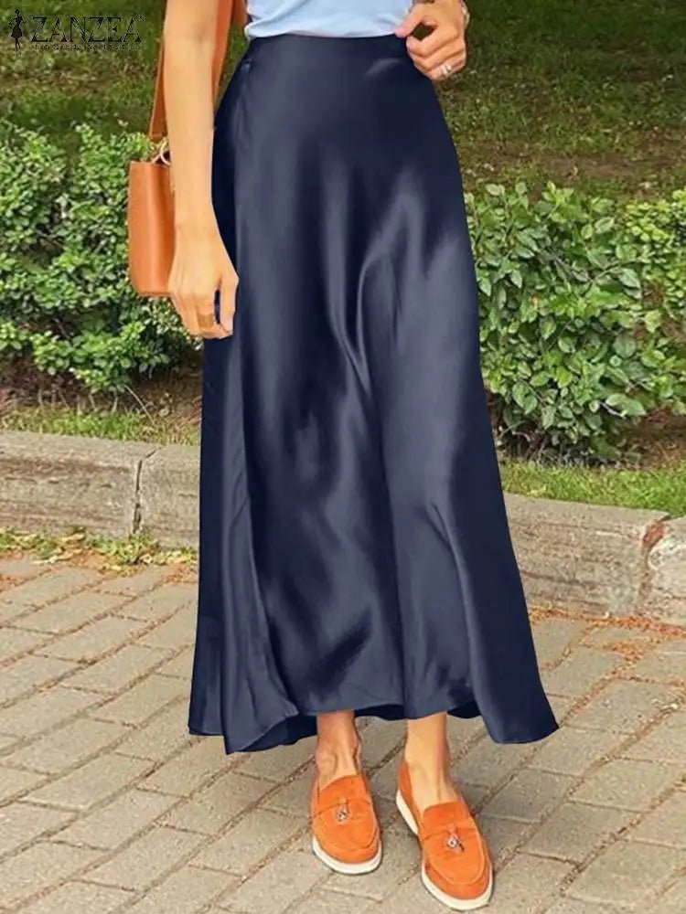 ZANZEA Woman Spring Autumn Satin Silk Skirt Work OL Back Zipper Faldas Saia Jupe Elegant Casual Party Solid Sundress 2023 - Clothesfassion.store
