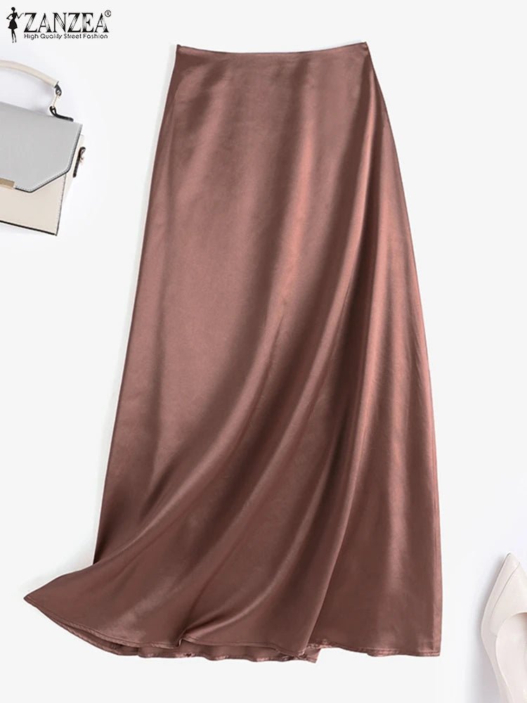ZANZEA Woman Spring Autumn Satin Silk Skirt Work OL Back Zipper Faldas Saia Jupe Elegant Casual Party Solid Sundress 2023 - Clothesfassion.store