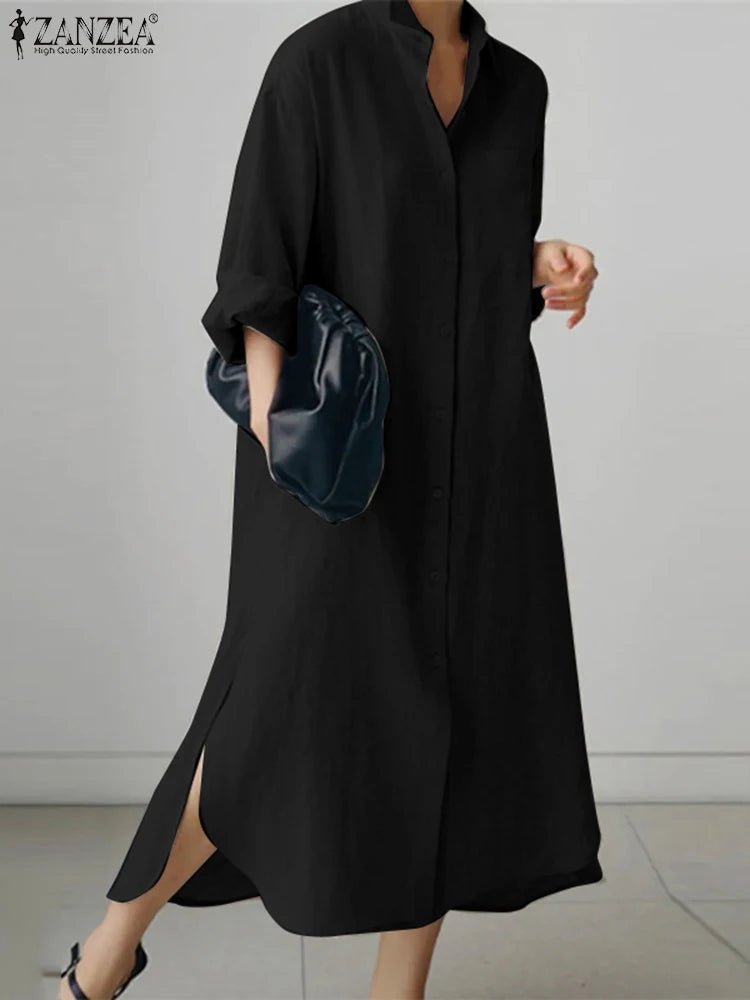 ZANZEA Women Dress Long Sleeve Solid Shirt Sundress Lapel Neck Buttons Vestidos Fashion Loose Maxi Dresses Vintage Robe Femme - Clothesfassion.store