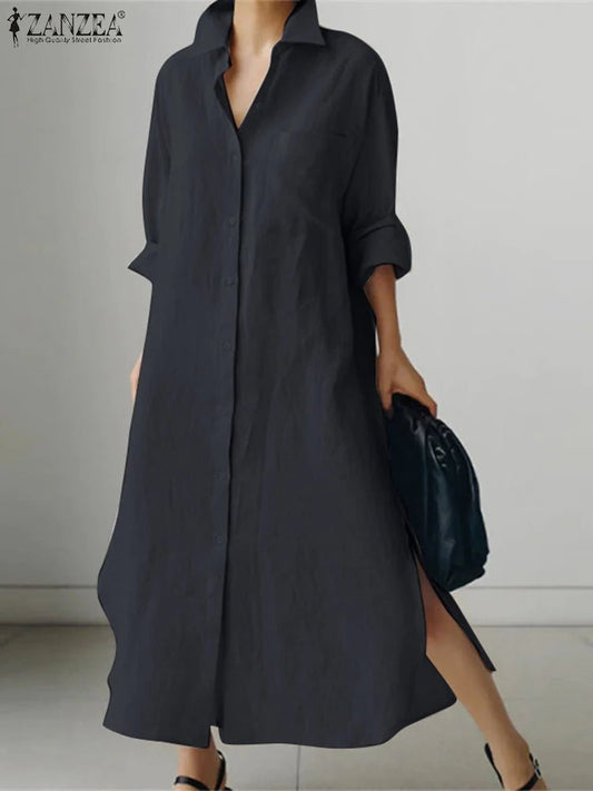 ZANZEA Women Dress Long Sleeve Solid Shirt Sundress Lapel Neck Buttons Vestidos Fashion Loose Maxi Dresses Vintage Robe Femme - Clothesfassion.store