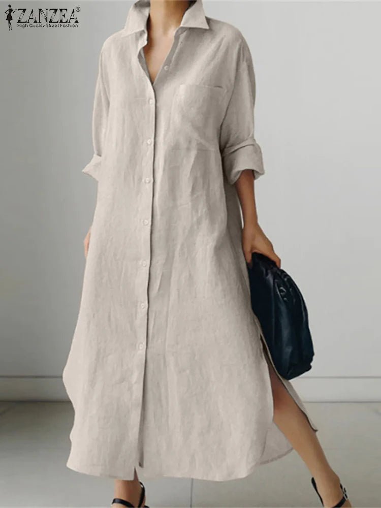 ZANZEA Women Dress Long Sleeve Solid Shirt Sundress Lapel Neck Buttons Vestidos Fashion Loose Maxi Dresses Vintage Robe Femme - Clothesfassion.store
