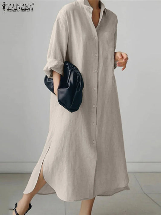 ZANZEA Women Dress Long Sleeve Solid Shirt Sundress Lapel Neck Buttons Vestidos Fashion Loose Maxi Dresses Vintage Robe Femme - Clothesfassion.store
