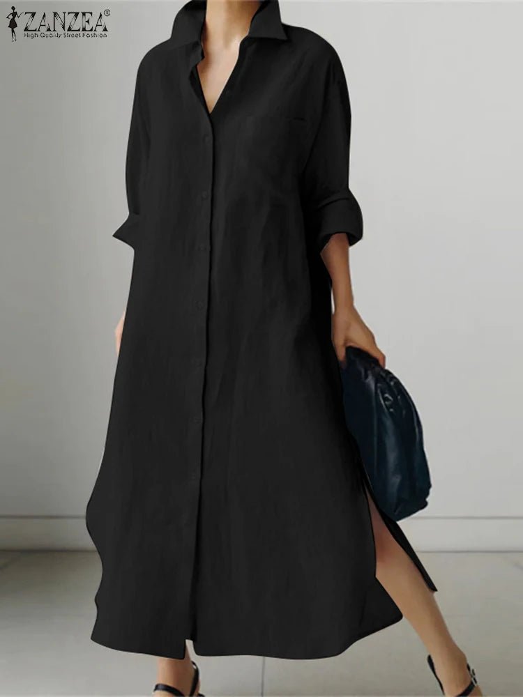 ZANZEA Women Dress Long Sleeve Solid Shirt Sundress Lapel Neck Buttons Vestidos Fashion Loose Maxi Dresses Vintage Robe Femme - Clothesfassion.store